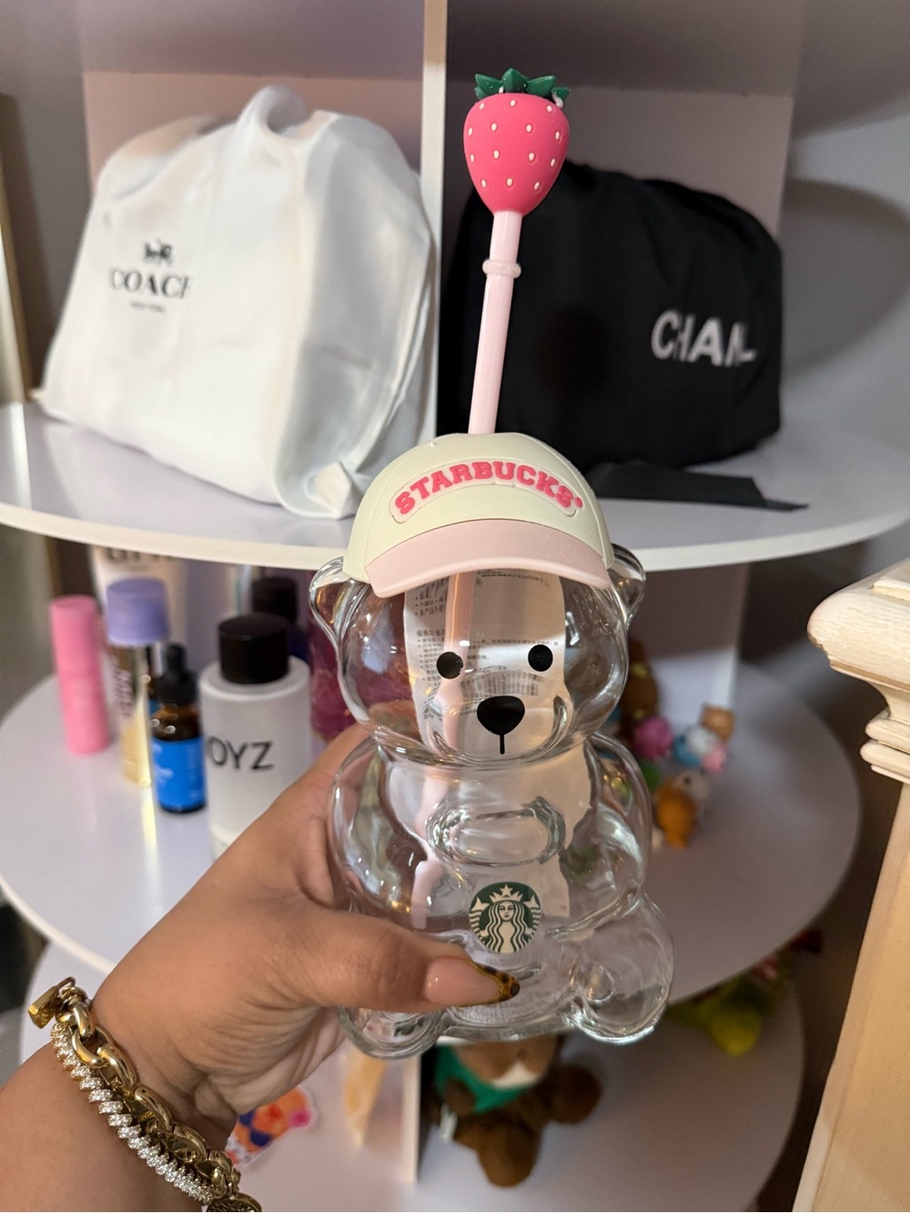 Starbucks Clear Bear Glass Cup with Pink Strawberry Straw